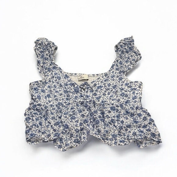 Hollister Blue Floral Cropped Tank Top Loose Ruffle Top Large - Picture 1 of 9